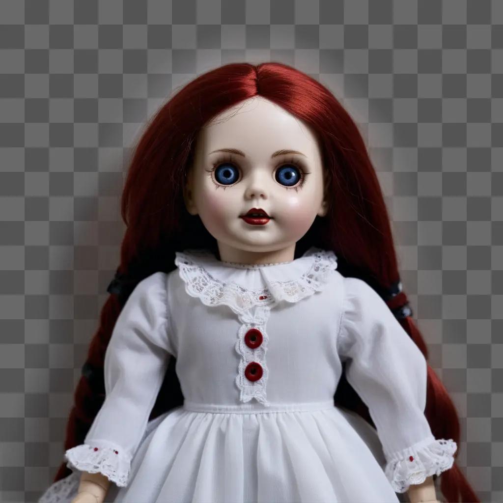 creepy doll wears a white dress and red hair