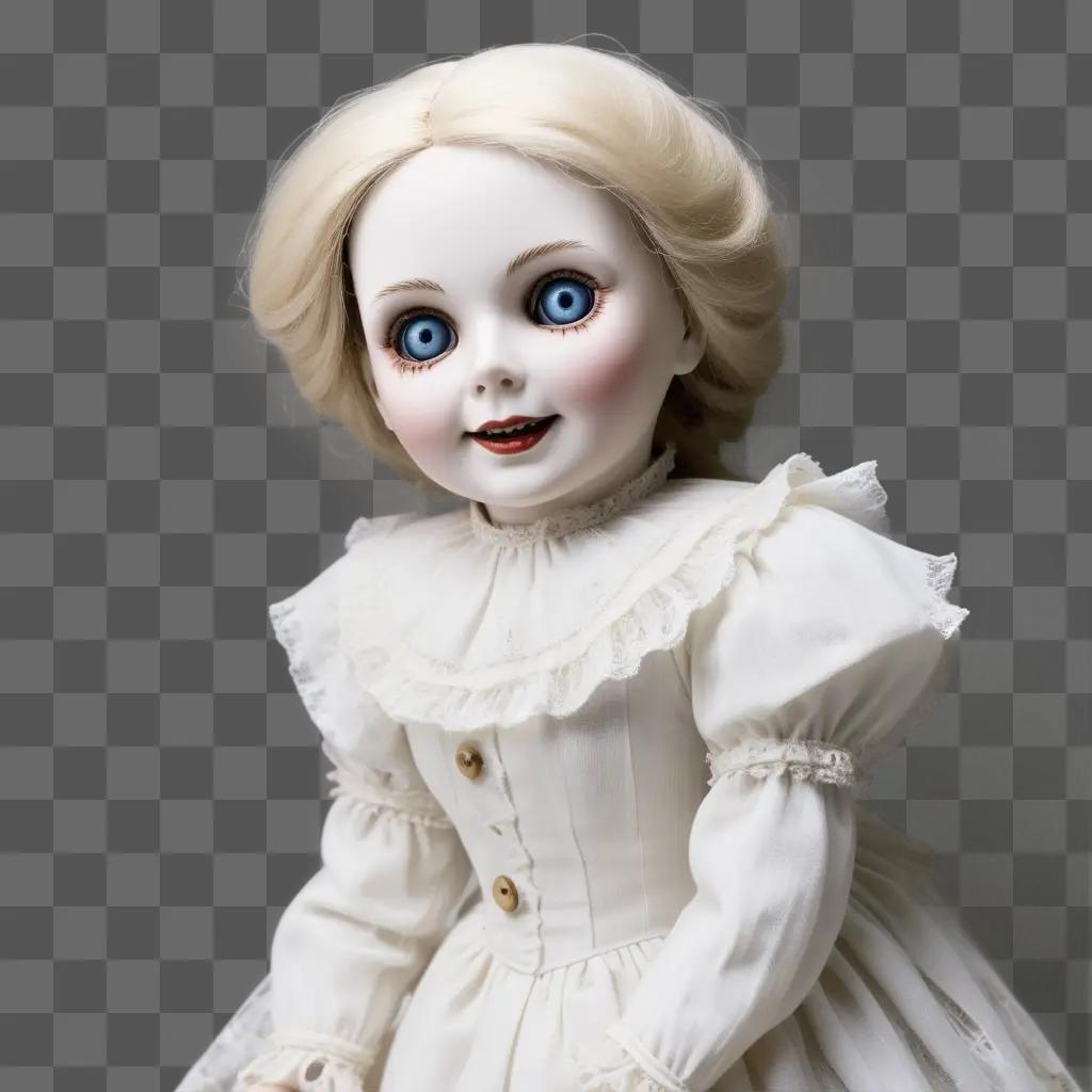 creepy doll with blue eyes and a white dress