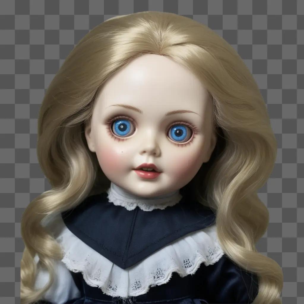 creepy doll with blue eyes and blonde hair