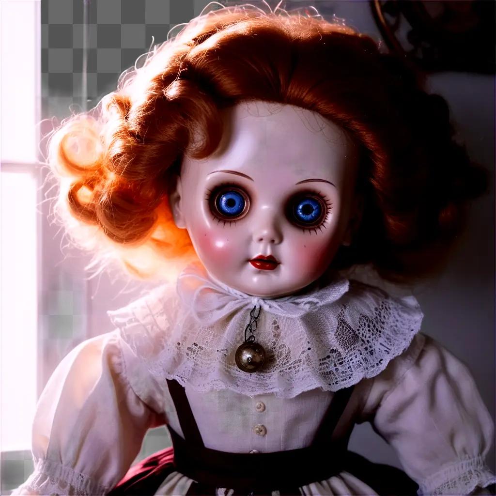 creepy doll with large eyes and red hair