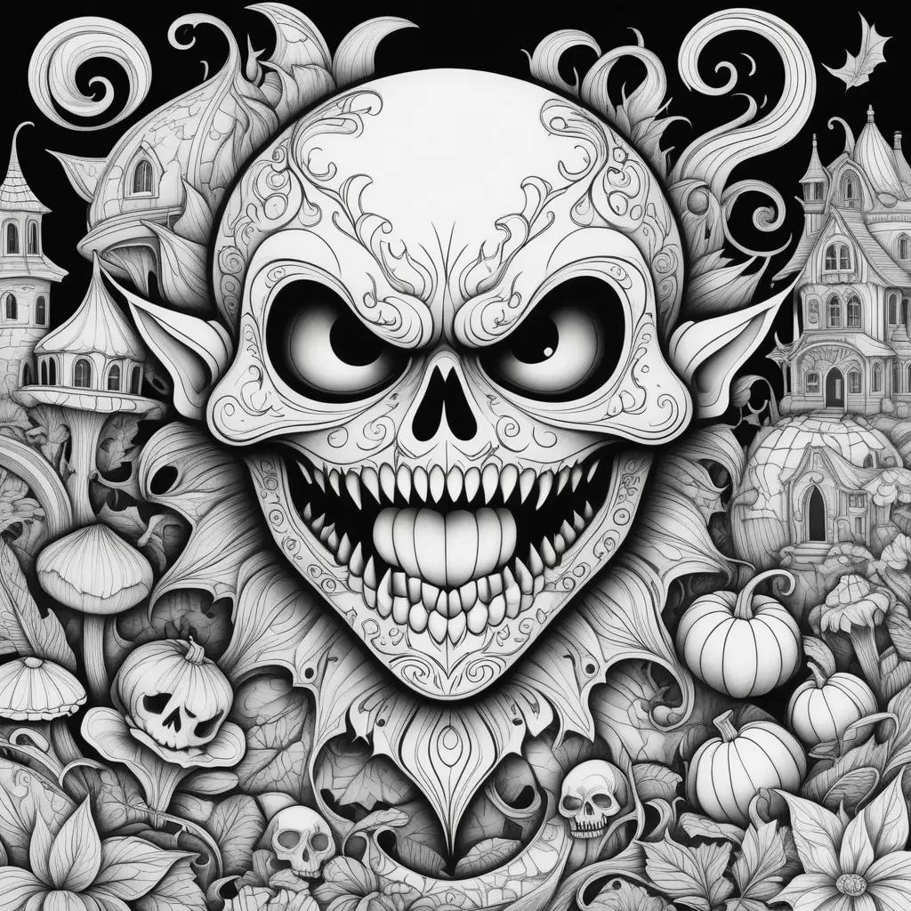 creepy skull coloring page with a face full of teeth