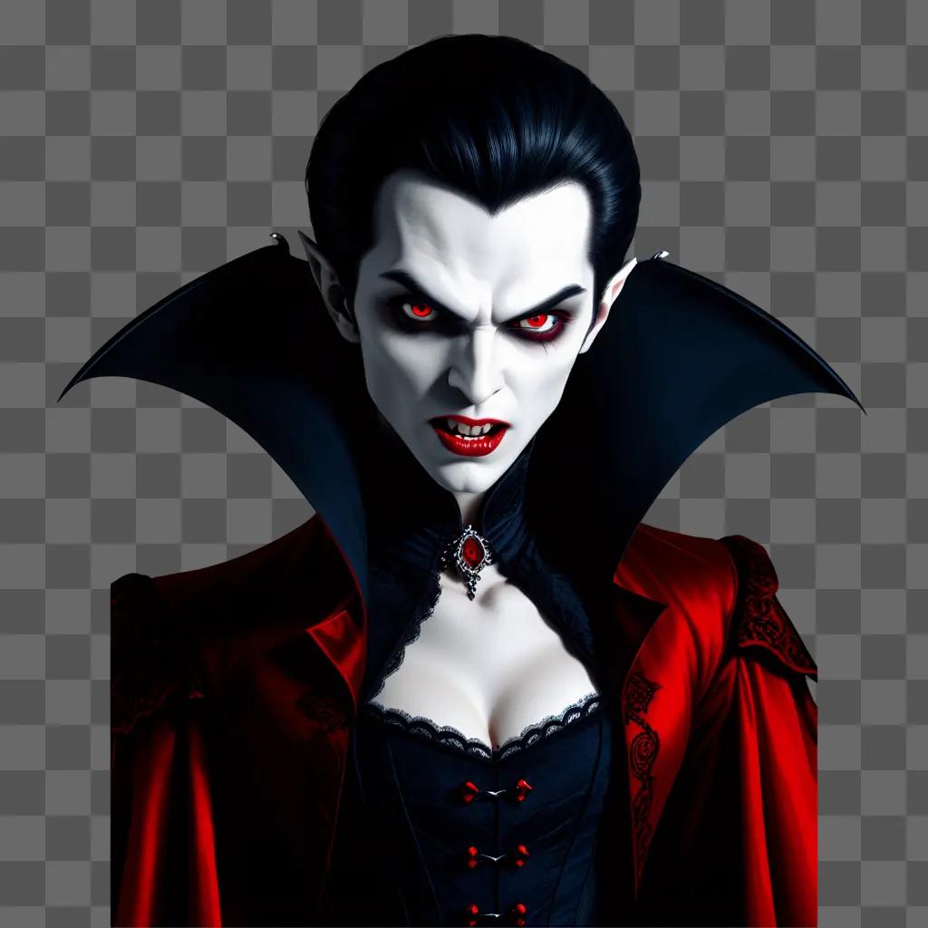 creepy vampire with a red mouth and black hair