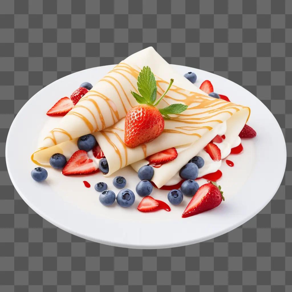 crepe topped with strawberries and blueberries on a plate