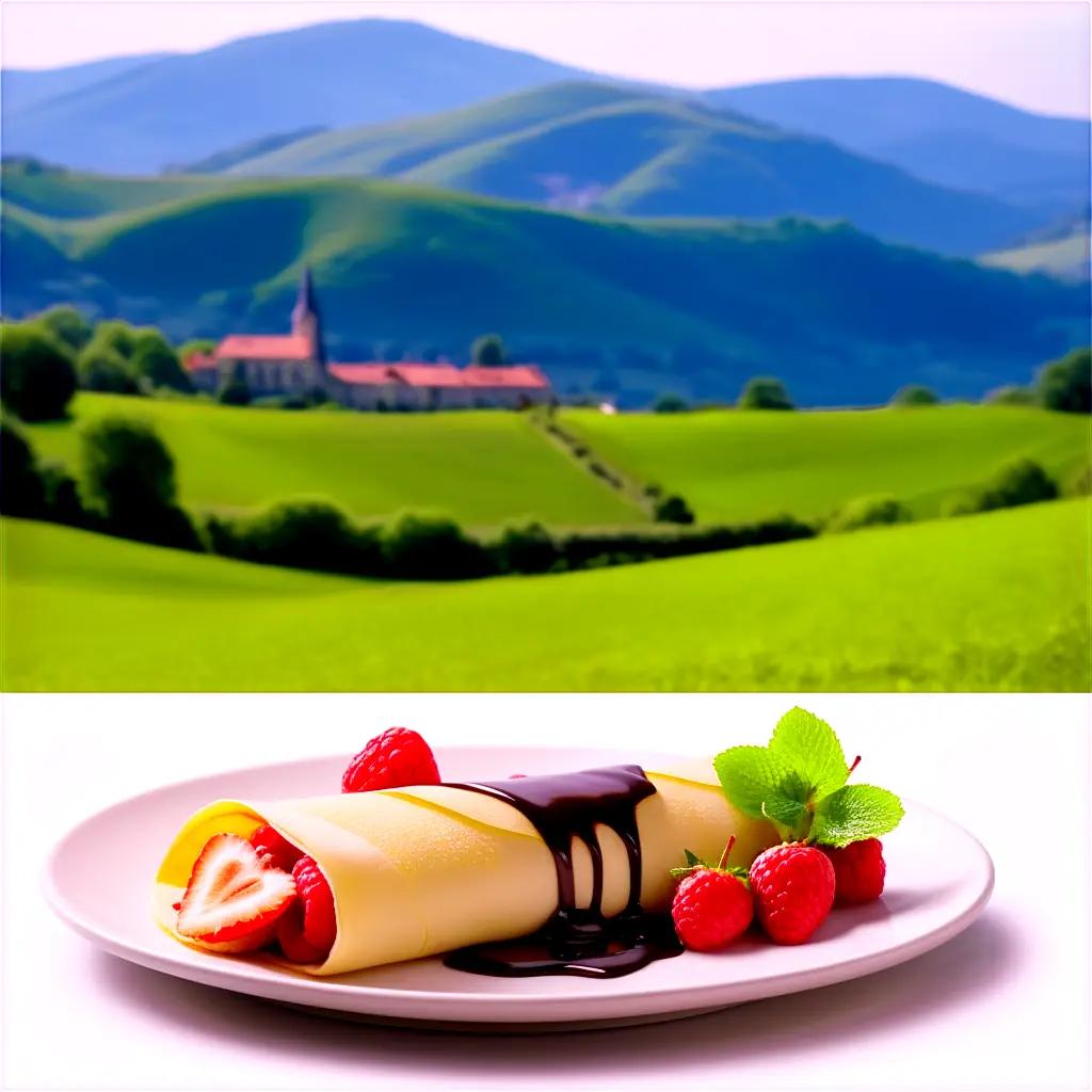 crepe with strawberries and chocolate sauce on a plate