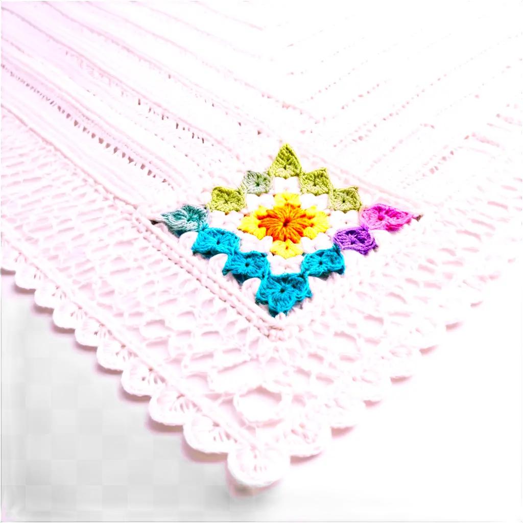 crochet tablecloth with colorful flowers and diamond patterns