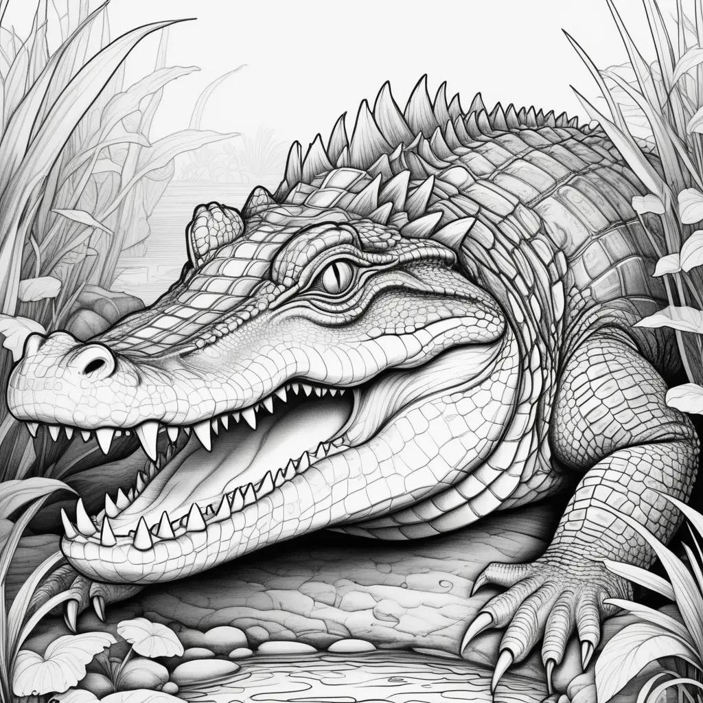 crocodile coloring page with a black and white sketch