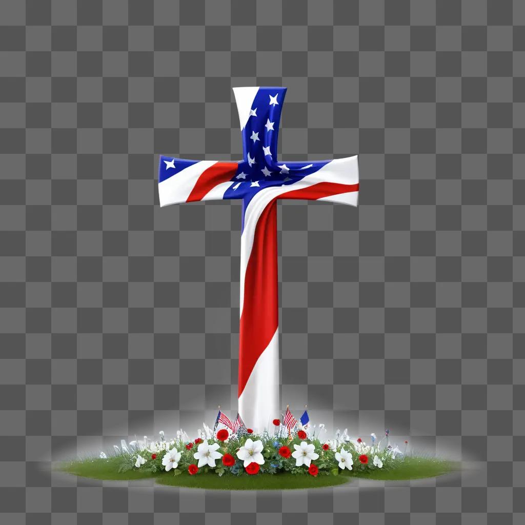 cross with flags on it, in a grassy area