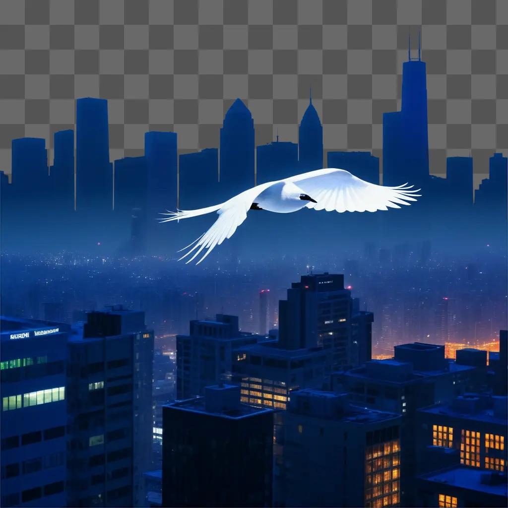 crow is flying over a city at night