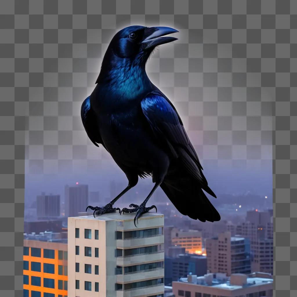 crow perched on a building with a city skyline in the background