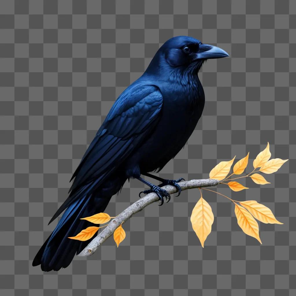 crow sits on a branch with yellow leaves