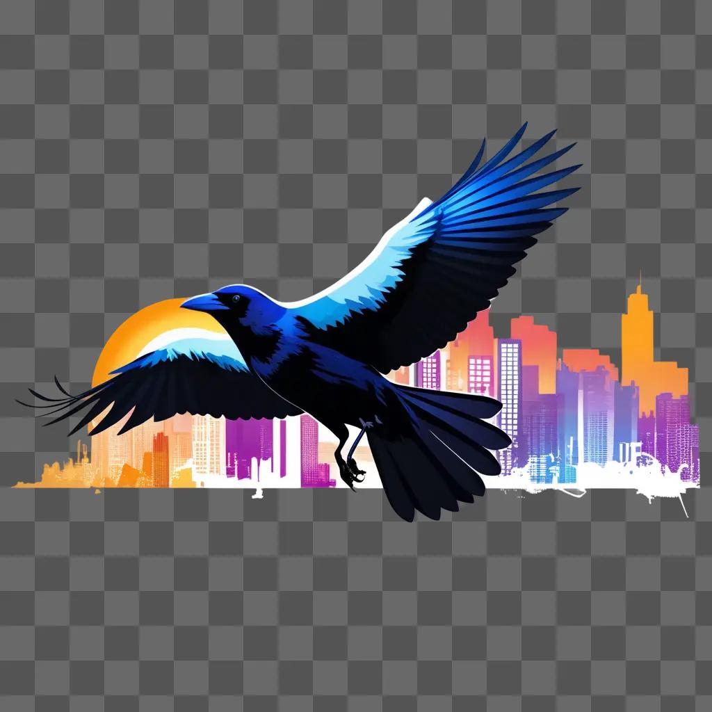 crow with a transparent wing flies above the city skyline