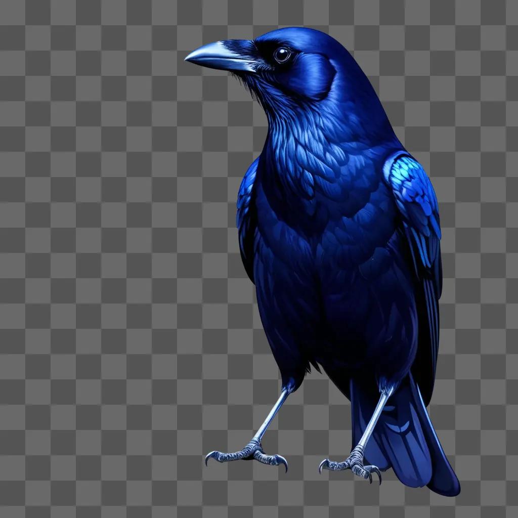 crow with blue feathers and black eyes is standing on a blue background