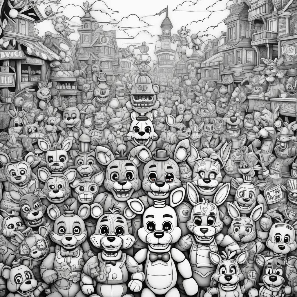 crowd of animated characters from the FNAF universe