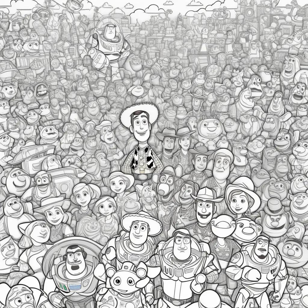 crowd of characters from Toy Story in a black and white coloring page