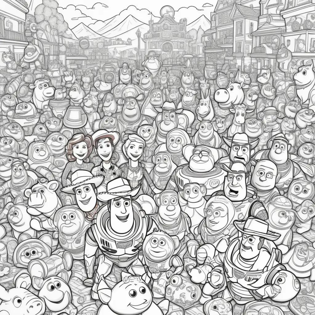 crowd of people and animals in a town coloring pages