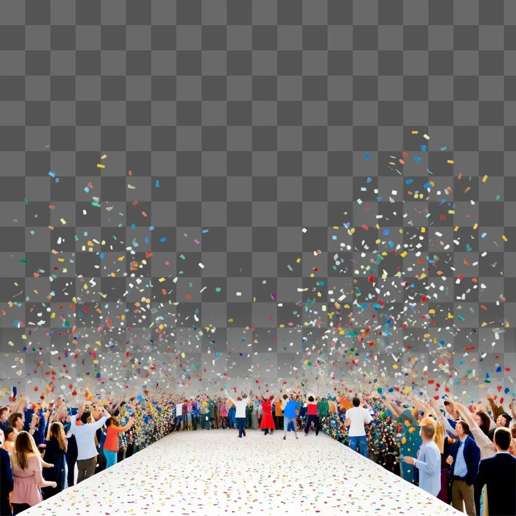 crowd of people are standing around, surrounded by colorful confetti