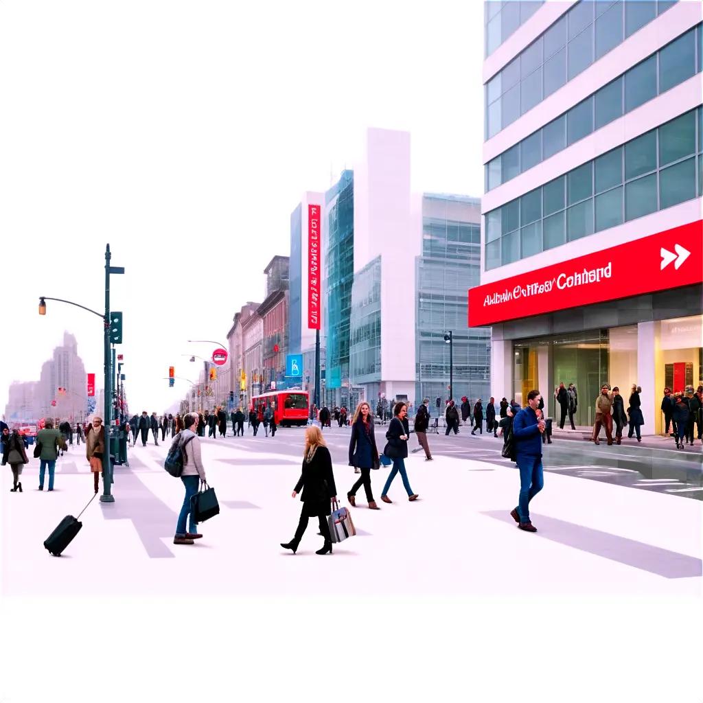 crowd of people crosses the street in front of a red advertisement