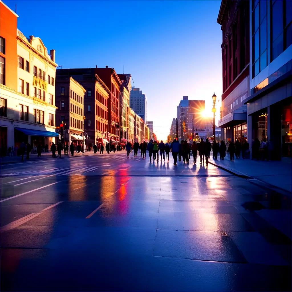 crowded city street at dusk with a building in the background