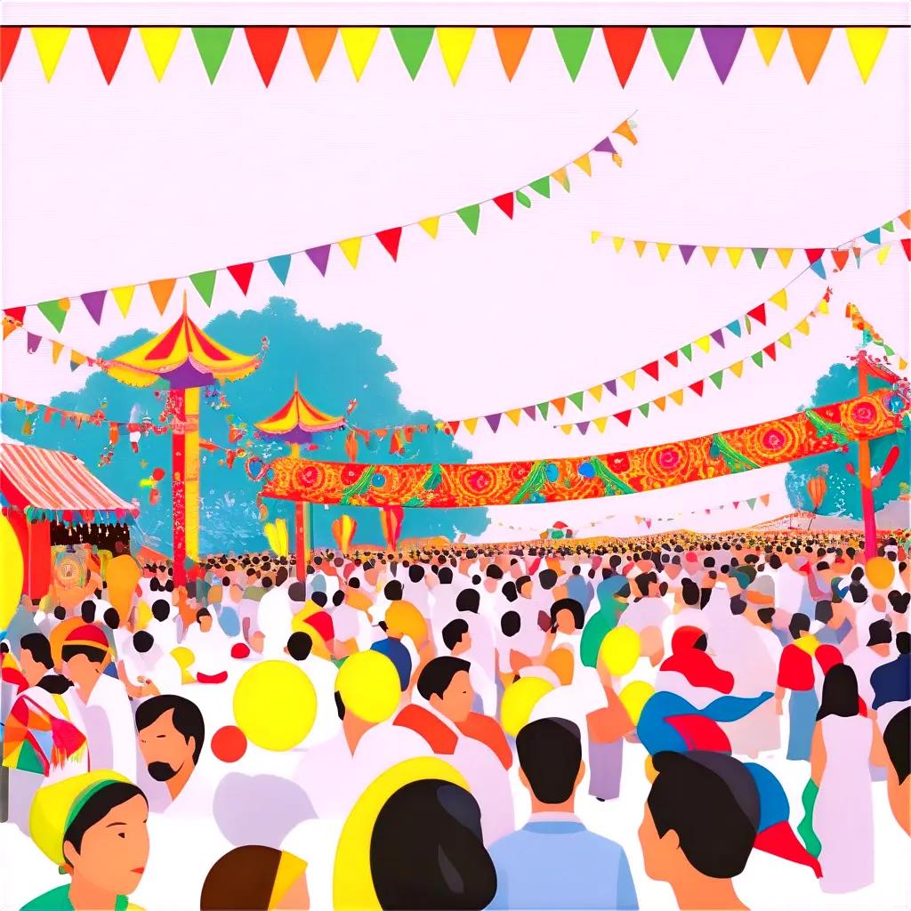 crowded festival with colorful banners and balloons