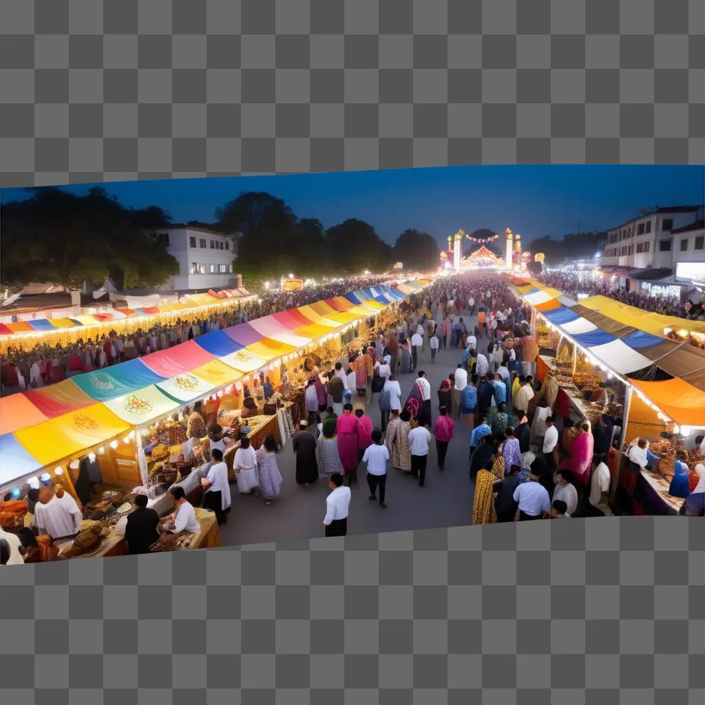 crowded festival with many colorful tents