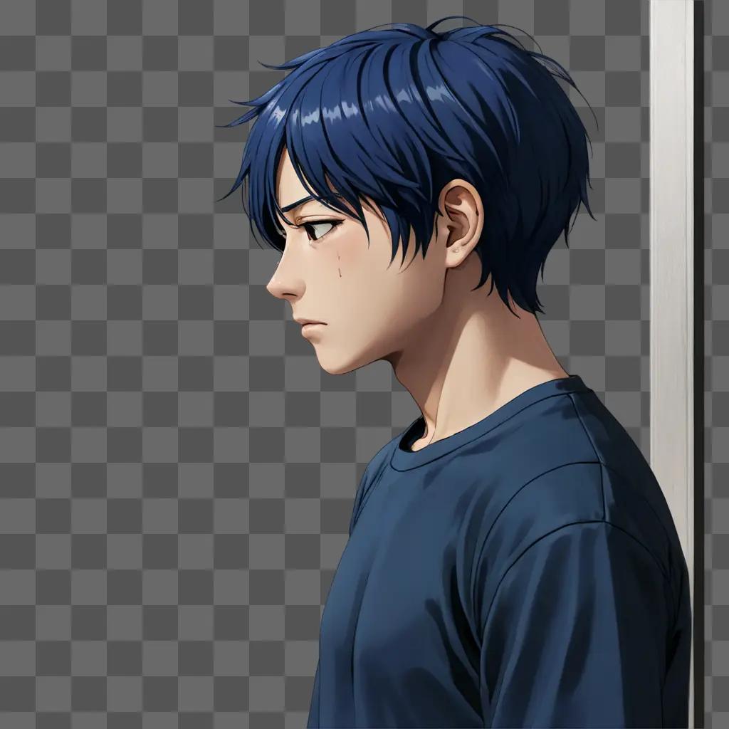 泣いているアニメの男の子青いシャツを着た悲しいアニメの男の子