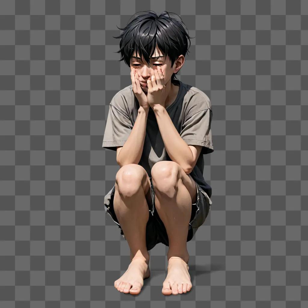 泣いているアニメの男の子茶色の背景に若い男の子が泣いています