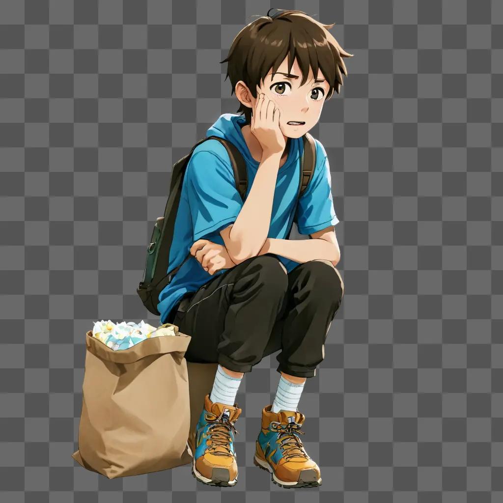 泣いているアニメの男の子 隣に茶色のバッグを持って座っている少年