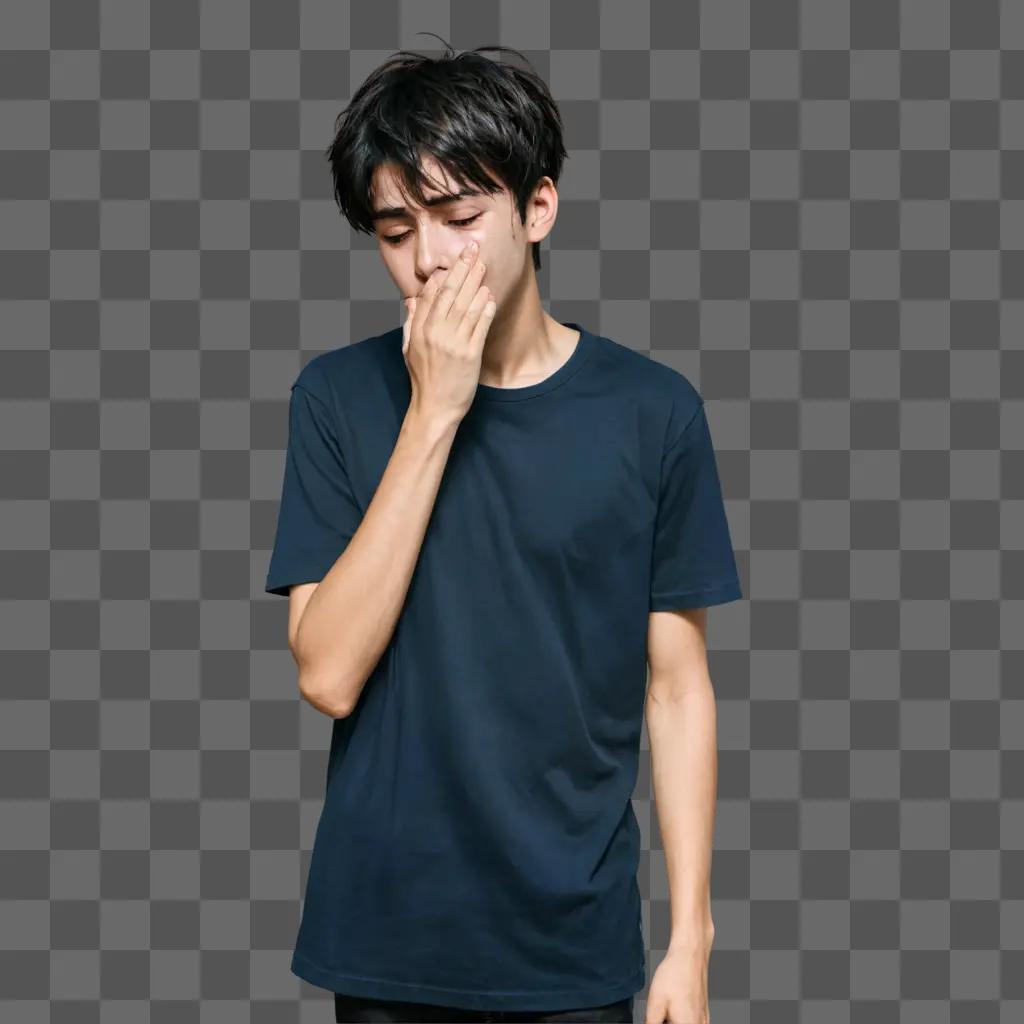 泣いているアニメの男の子 顔に手を当てた黒いシャツを着た若い男
