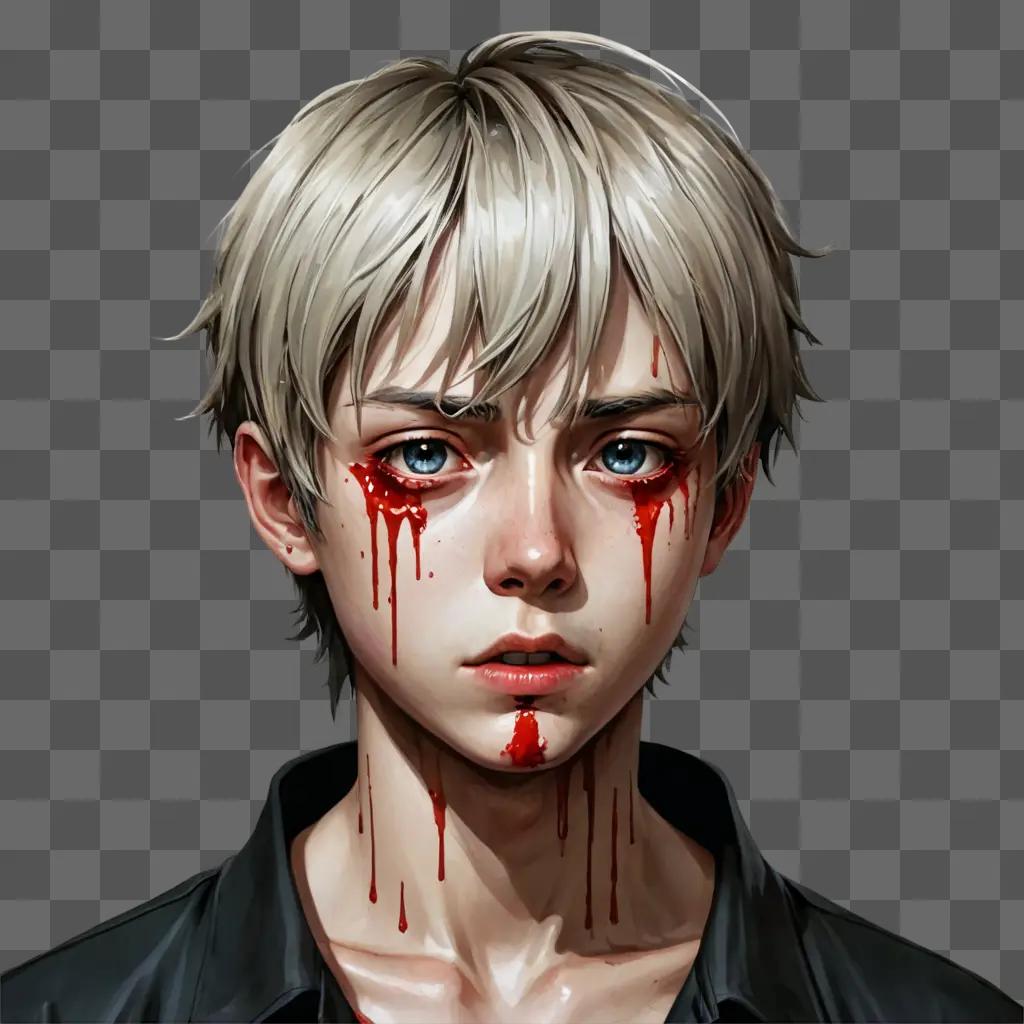 泣いているアニメの少年 血まみれの顔をした青年