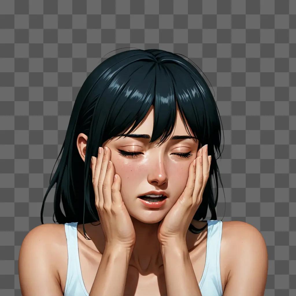 crying anime girl An anime woman with black hair and white tank top has her hands on her face