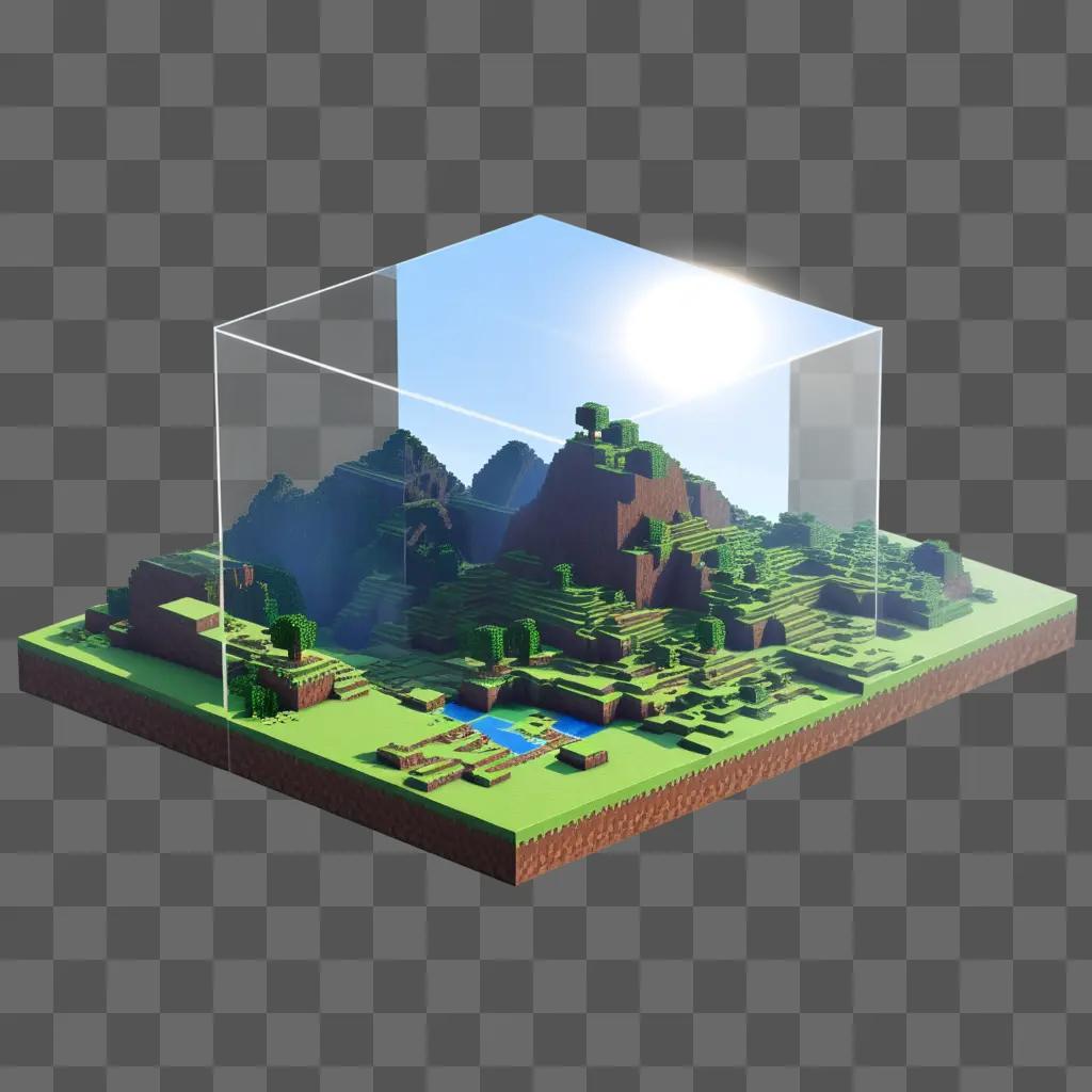 cube showcases a transparent Minecraft landscape with mountains and a river