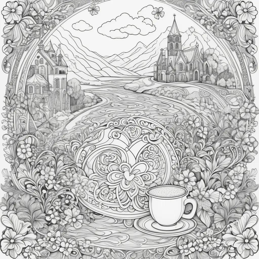 cup of coffee with a castle and a mountain