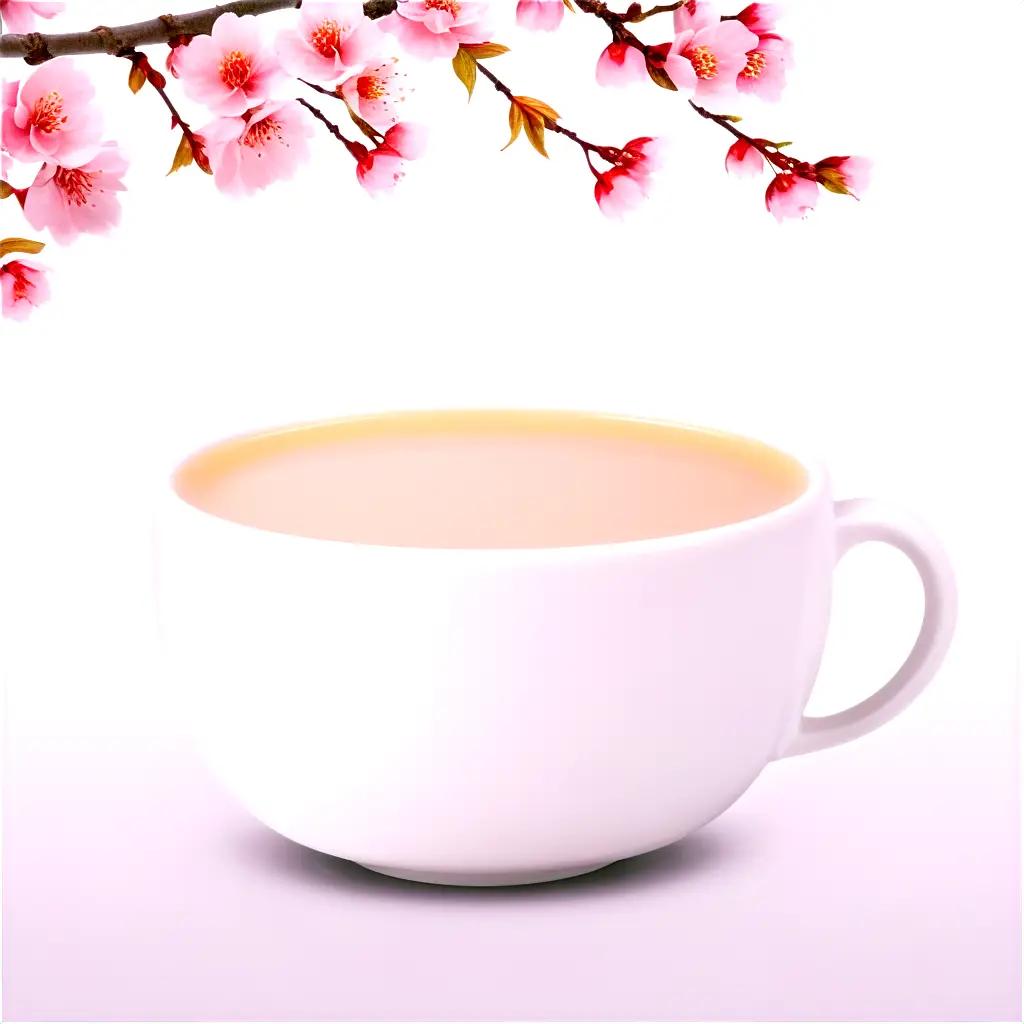 cup of milk tea with pink flowers in the background