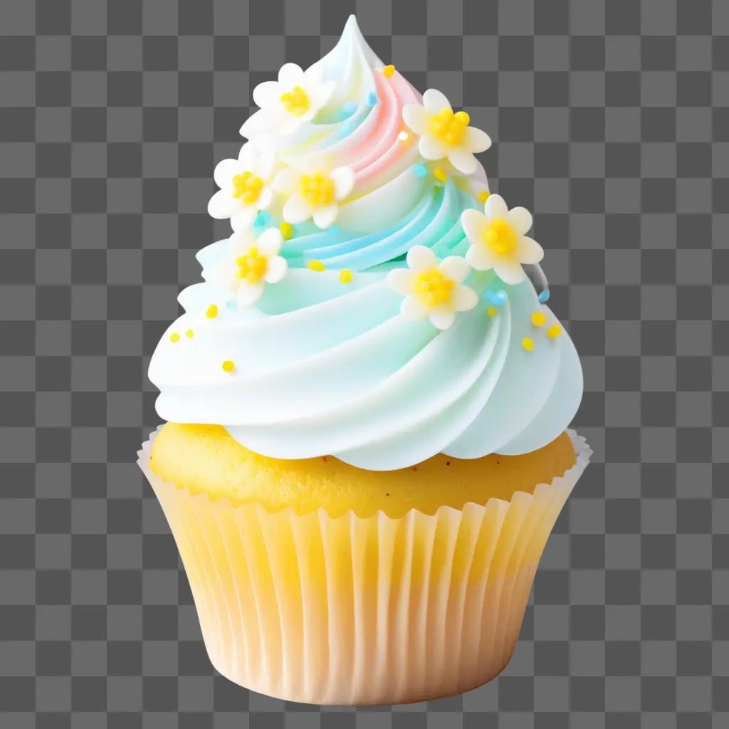 cupcake with a white frosting and yellow flowers