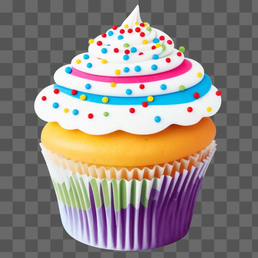 cupcake with sprinkles and frosting sits on a table