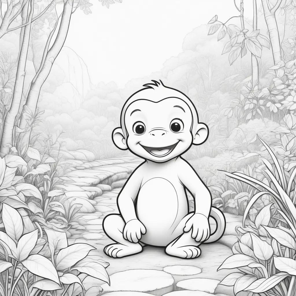 curious monkey coloring page with green leaves and a smiling monkey