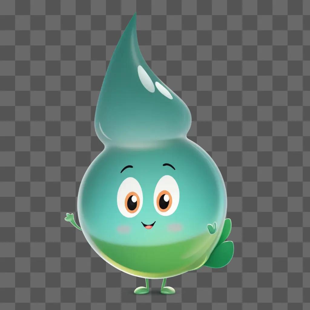 cute, transparent water droplet character stands on a green background