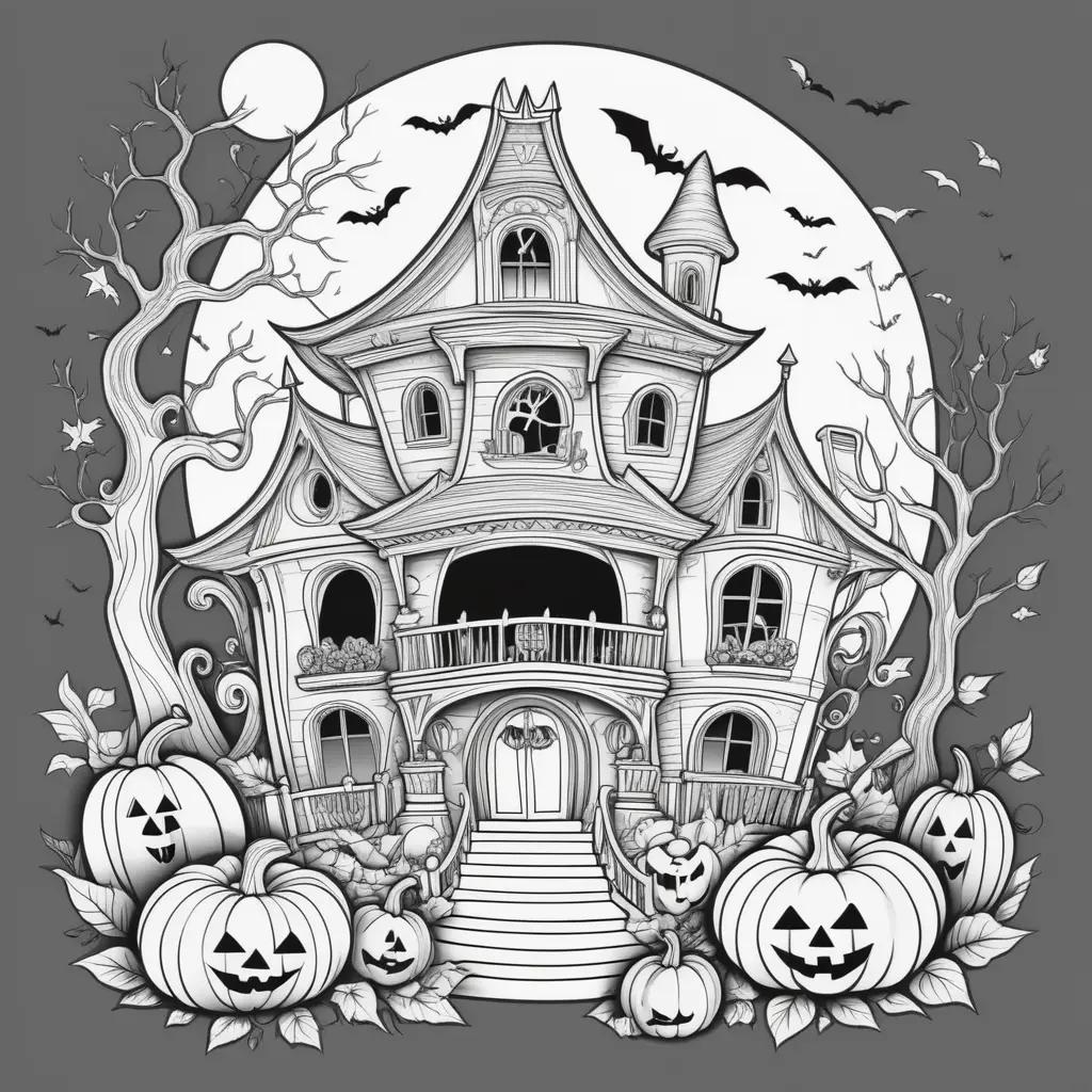 cute Halloween coloring page with pumpkins and a castle