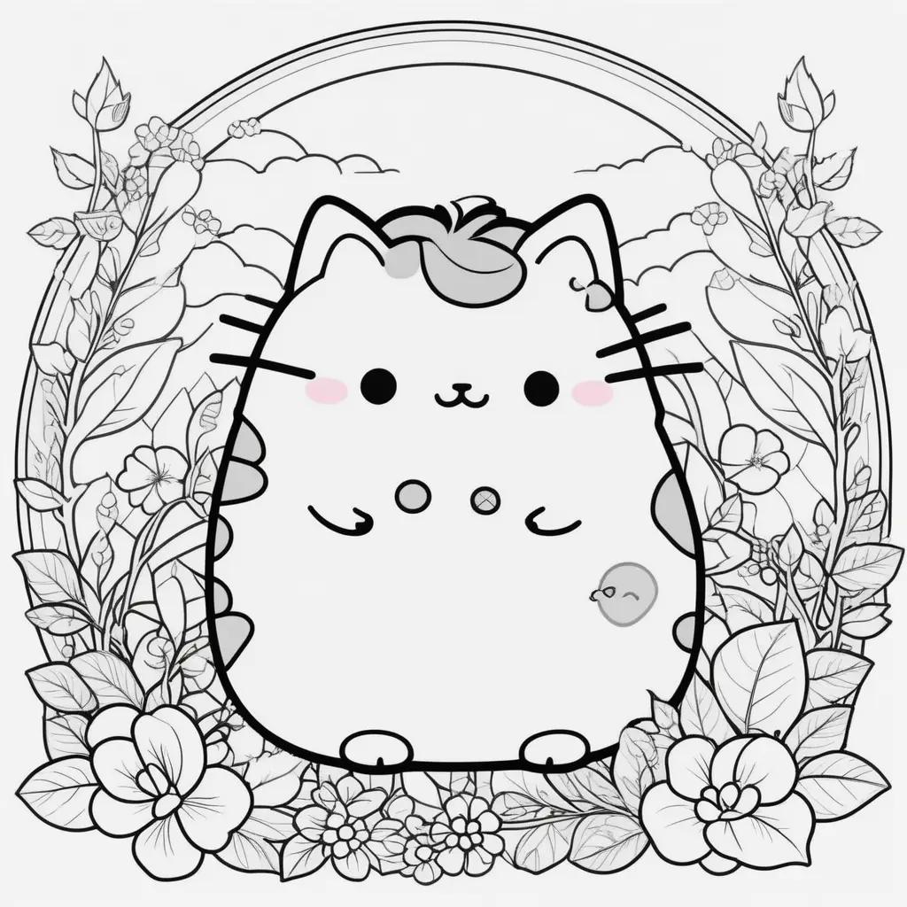 cute Pusheen cat coloring page with flowers and leaves