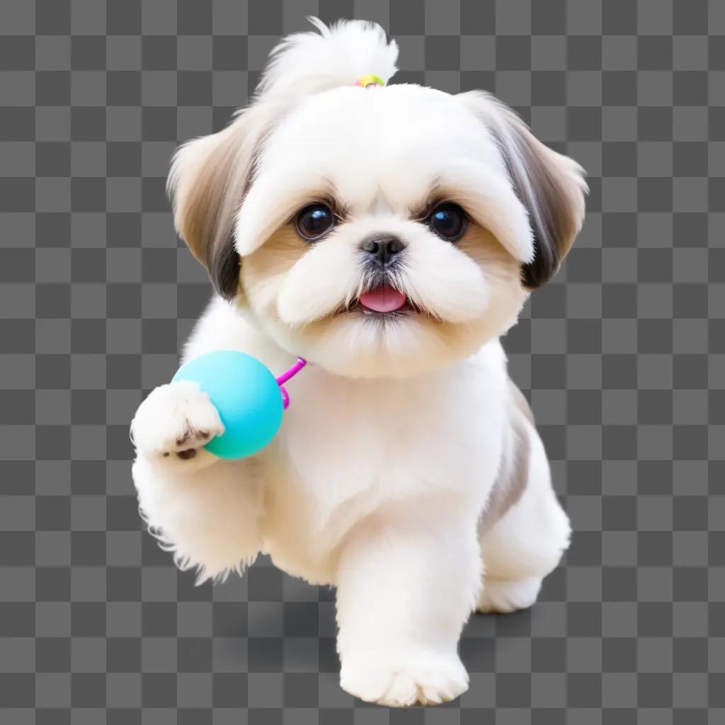 cute Shih Tzu playing with a blue toy