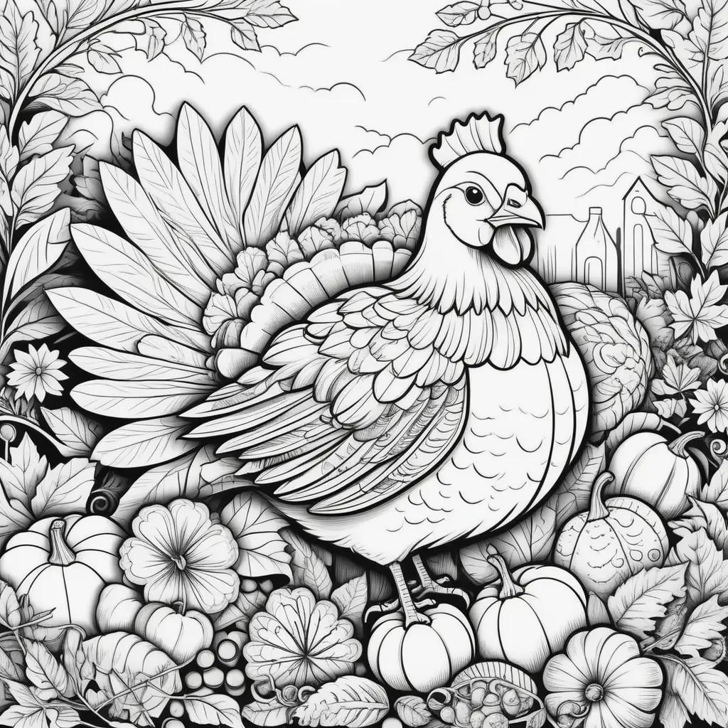 cute Thanksgiving coloring page featuring a rooster and pumpkins
