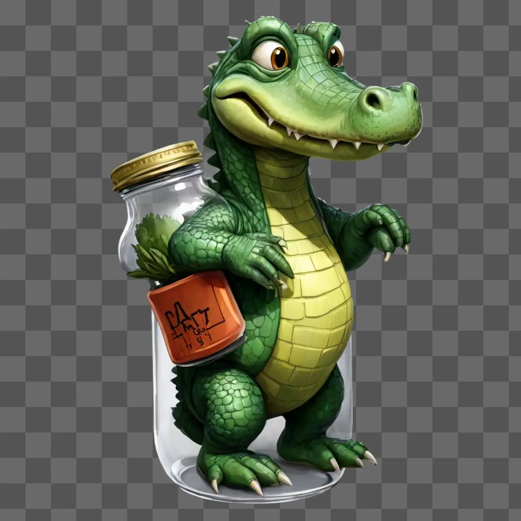 cute alligator drawing A cartoon alligator in a jar holding a plant