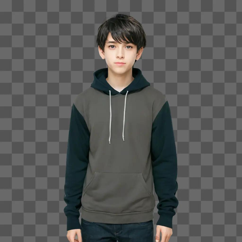 cute anime boy Young boy in a grey sweatshirt standing in front of a black background