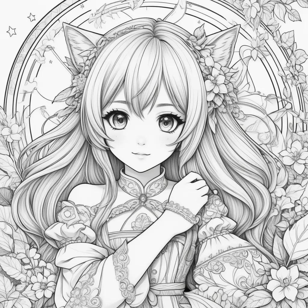 cute anime coloring page featuring a girl with a flower crown