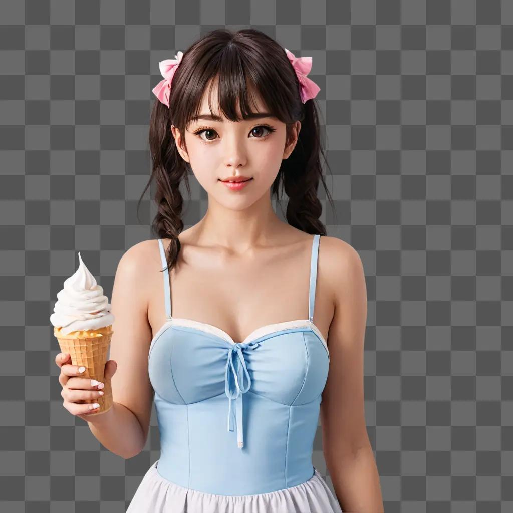 cute anime girl A girl with pigtails holds an ice cream cone