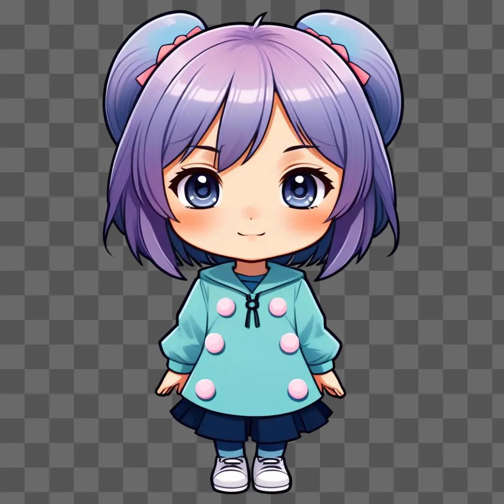 cute anime-style chibi character illustration with purple hair and a blue sweater