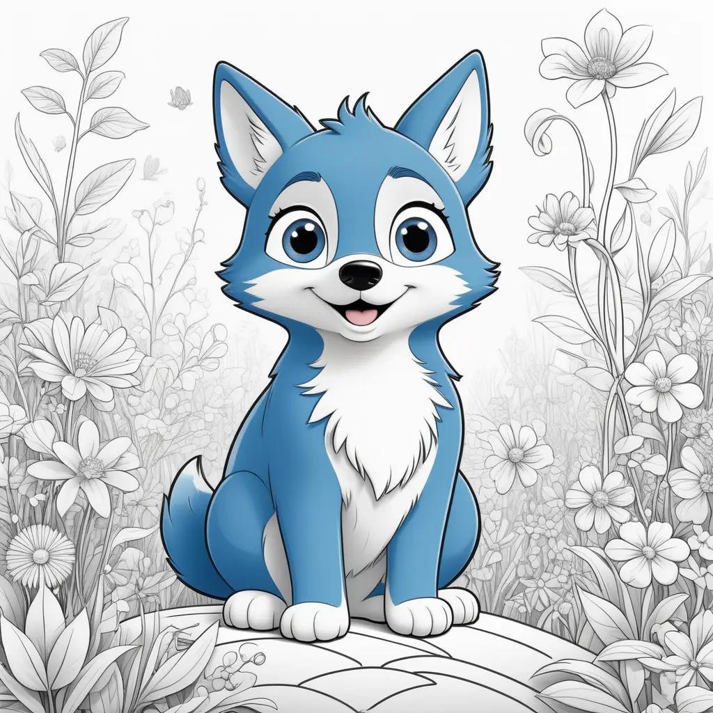 cute blue coloring page of a dog with flowers