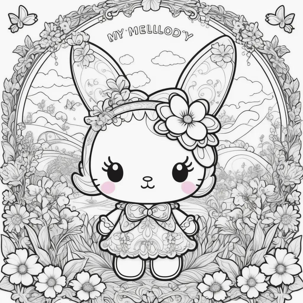 cute bunny coloring page with flowers and butterflies