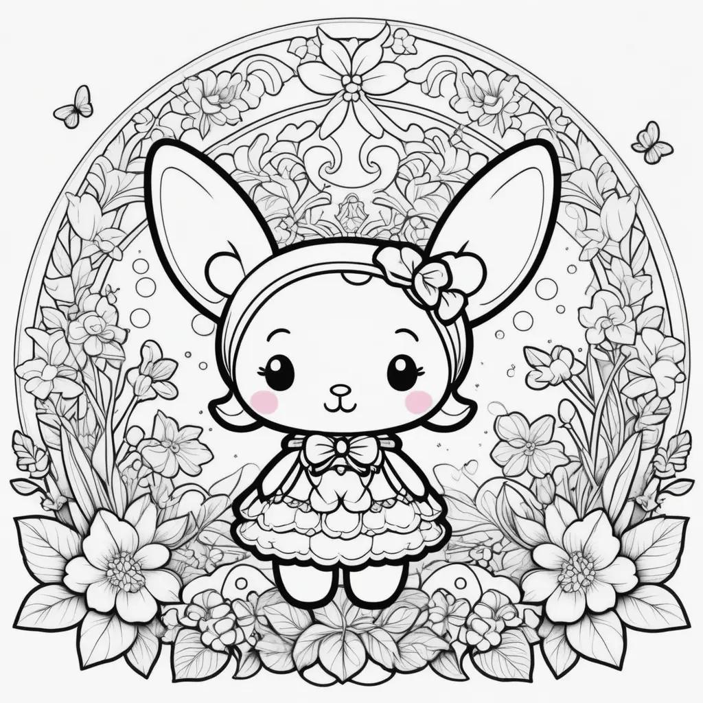 cute bunny with a bow on her head, surrounded by flowers and leaves