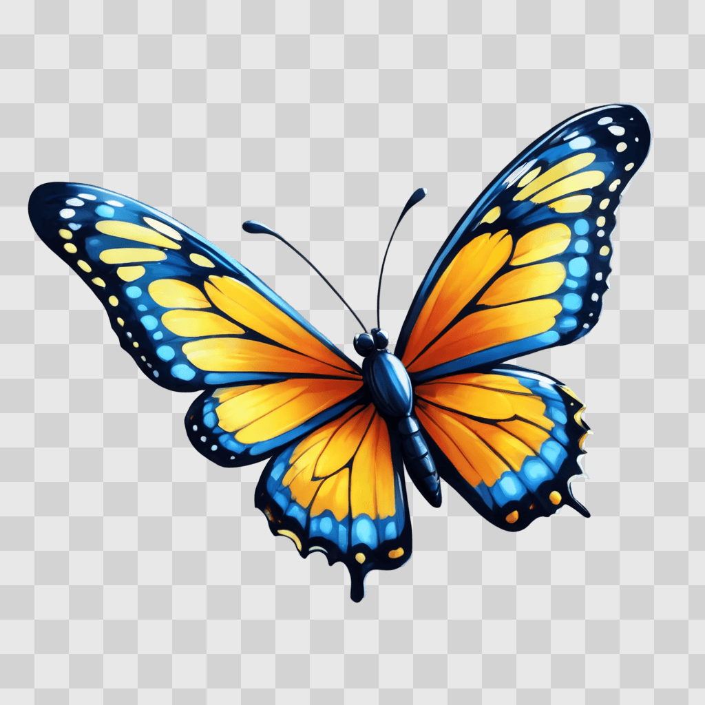 cute butterfly drawing A butterfly with blue and yellow wings on a grey surface